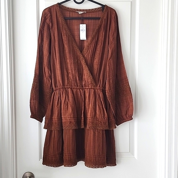American Eagles Embroidered Wrap Front Mini Dress size small, color Brown - Picture 2 of 6